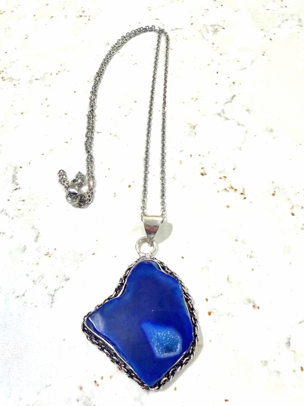 925 Sterling Silver Blue Agate Geode Slice Pendant – Druzy Crystal Center